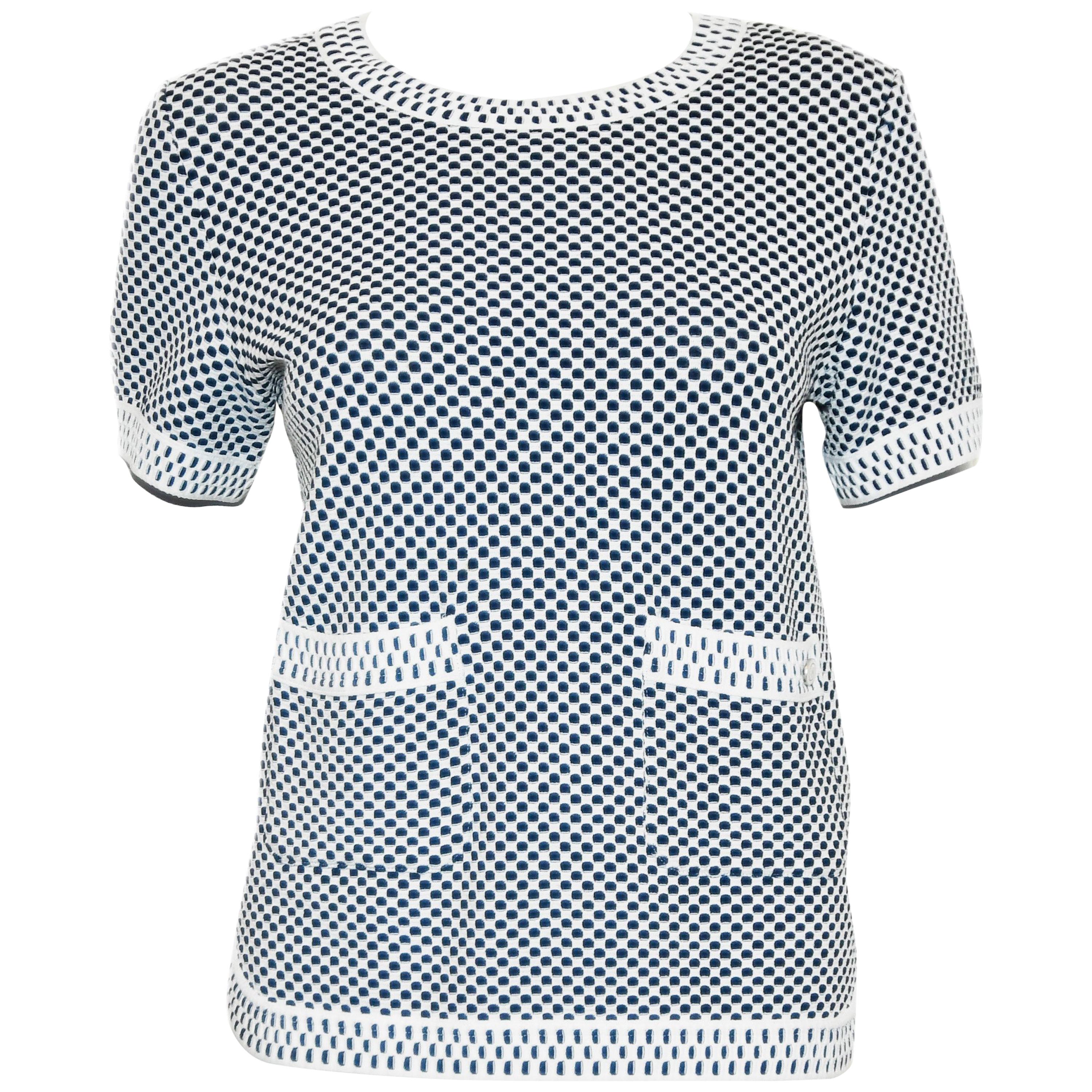 Chanel Blue and White Knit Round Collar Short Sleeve Top