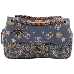 Chanel 2014 Blue Beige Canvas Quilted Bandana Medium Classic Flap Shoulder Bag