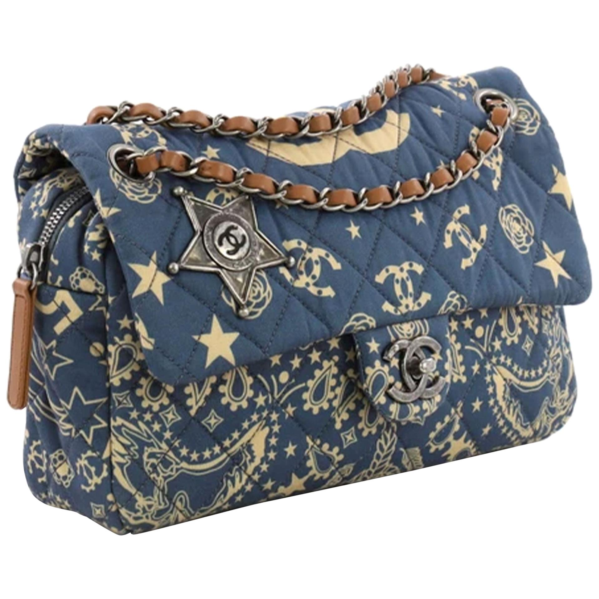 Chanel 2014 Blue Beige Canvas Quilted Bandana Medium Classic Flap Shoulder Bag In Good Condition For Sale In Miami, FL