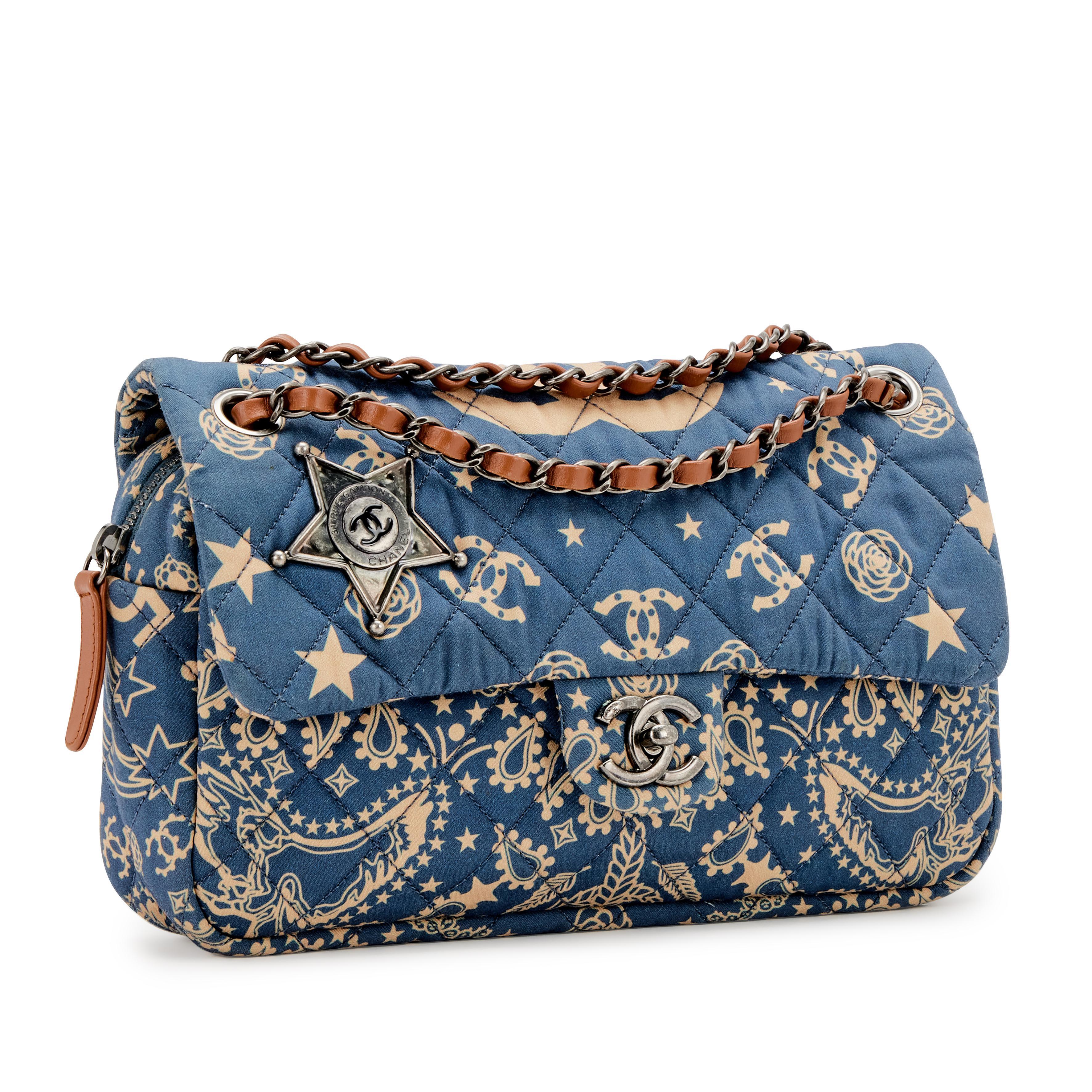 Chanel 2014 Blue Beige Canvas Quilted Bandana Medium Classic Flap Shoulder Bag For Sale 1