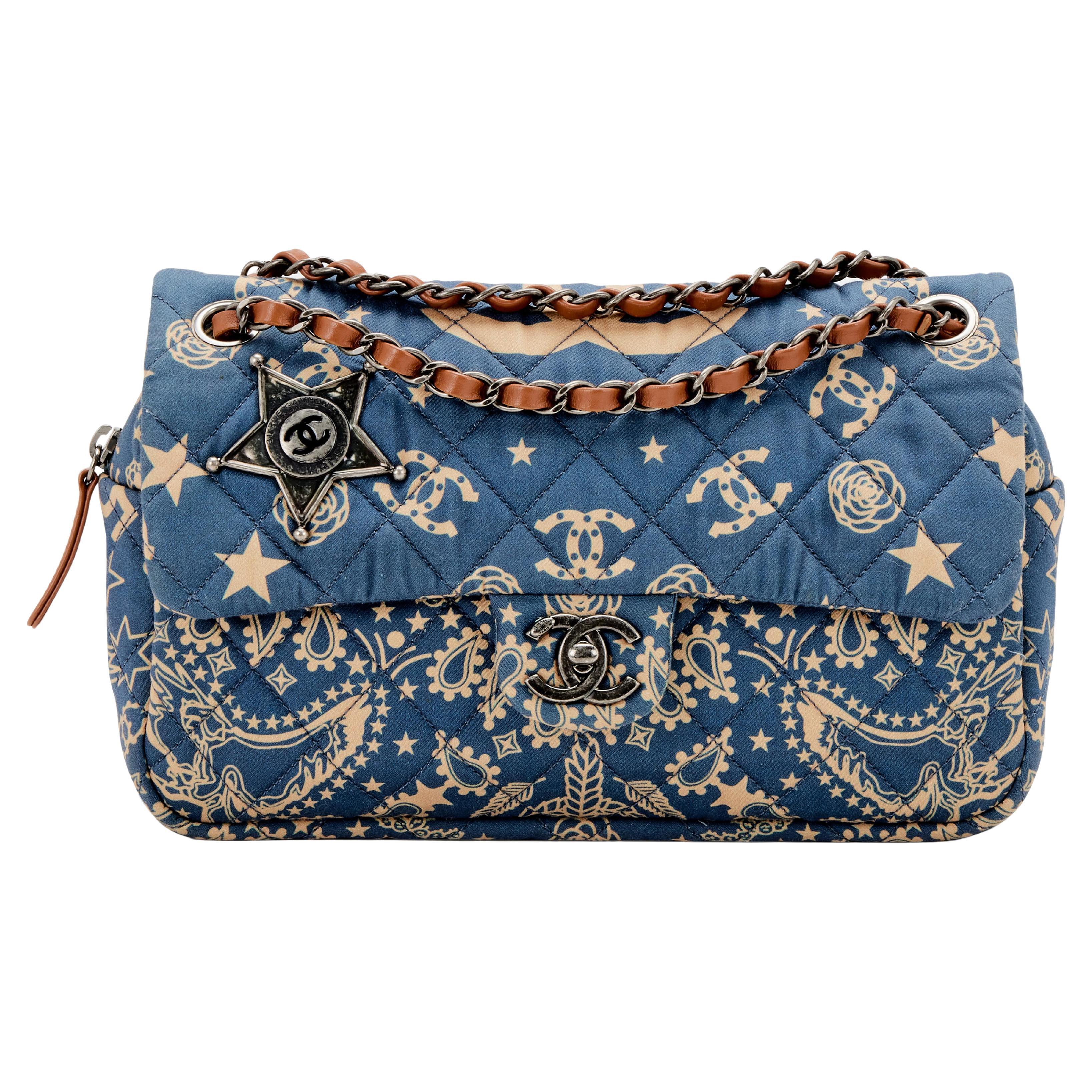 Chanel 2014 Blue Beige Canvas Quilted Bandana Medium Classic Flap Shoulder Bag For Sale