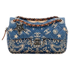 Vintage Chanel 2014 Blue Beige Canvas Quilted Bandana Medium Classic Flap Shoulder Bag