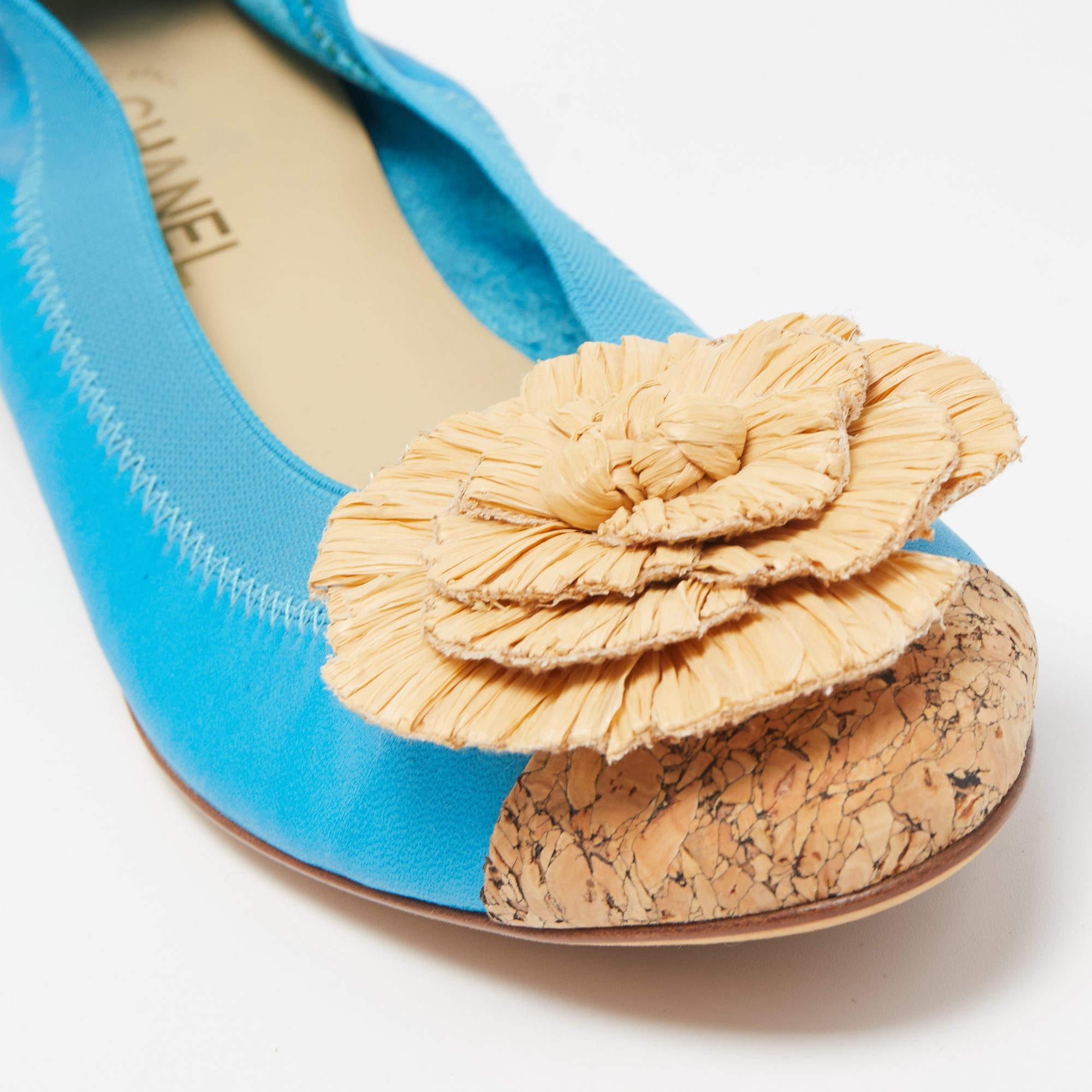 Chanel Blue/Beige Leather and Cork Cap Toe Camellia CC Ballet Flats Size 41 1