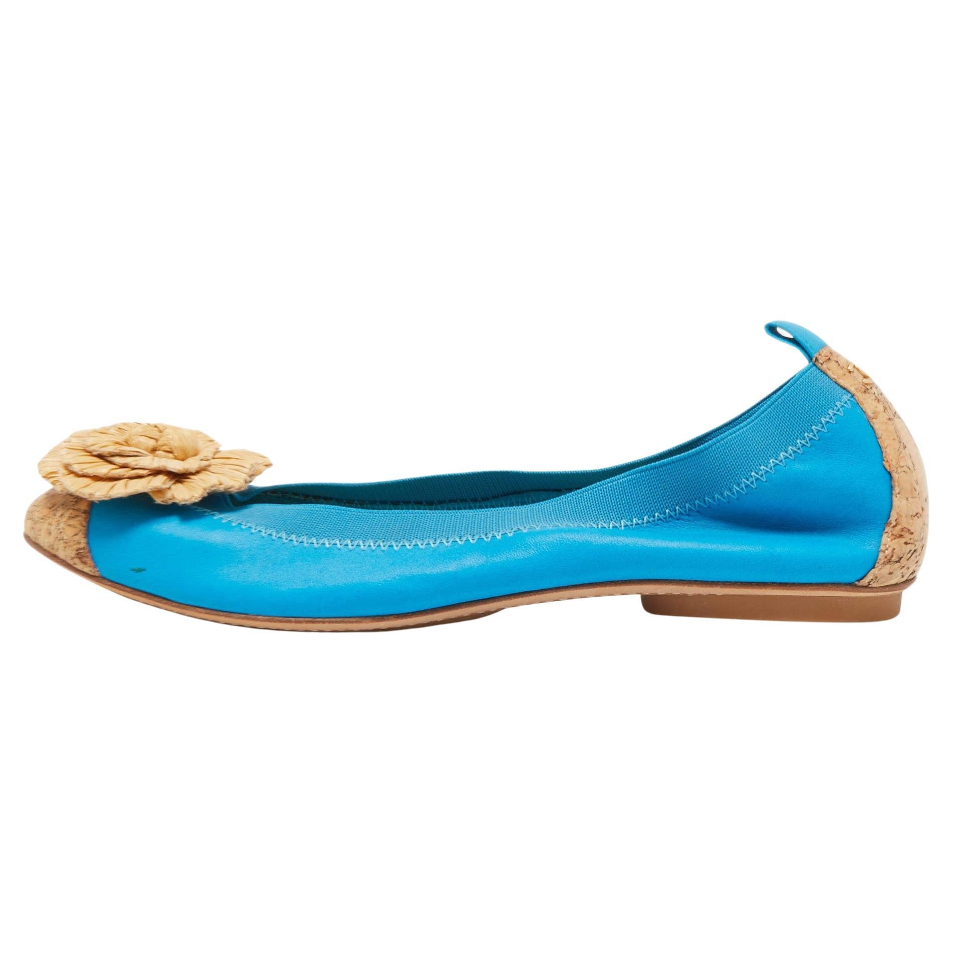 Chanel Blue/Beige Leather and Cork Cap Toe Camellia CC Ballet Flats Size 41