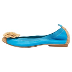Chanel Blue/Beige Leather and Cork Cap Toe Camellia CC Ballet Flats Size 41