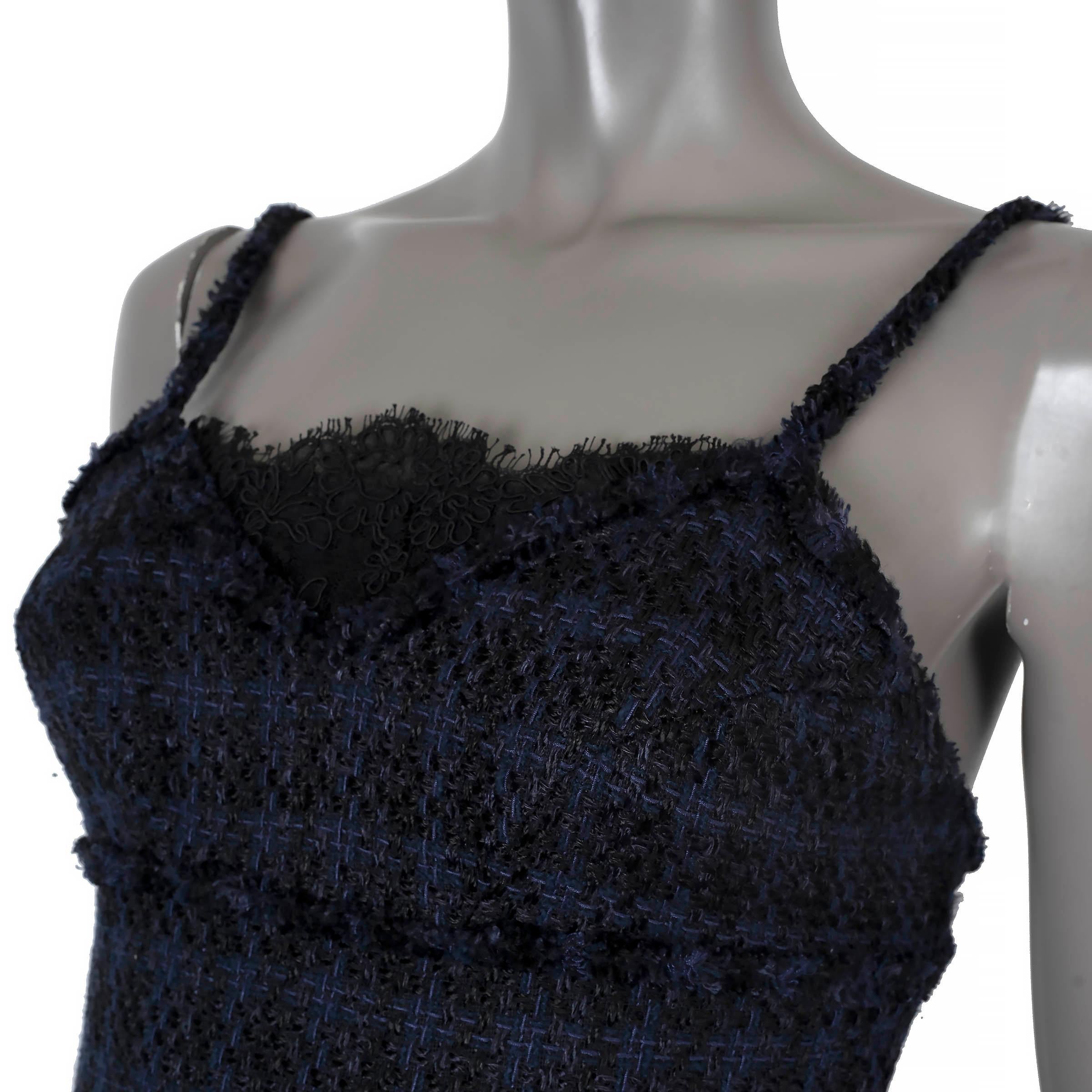 CHANEL blue & black 2007 07P LACE TRIM TWEED Dress XS For Sale 1