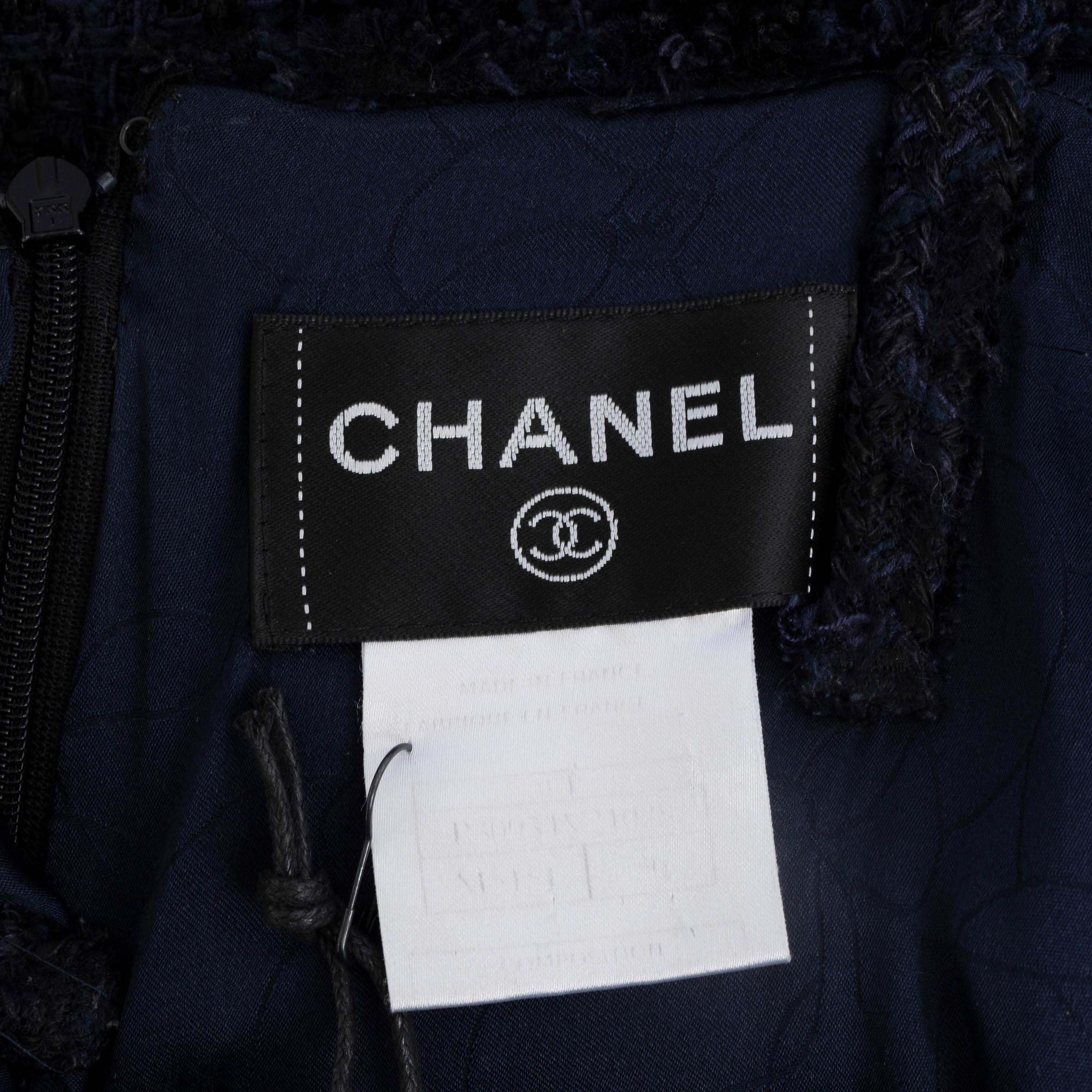 CHANEL blue & black 2007 07P LACE TRIM TWEED Dress XS For Sale 2
