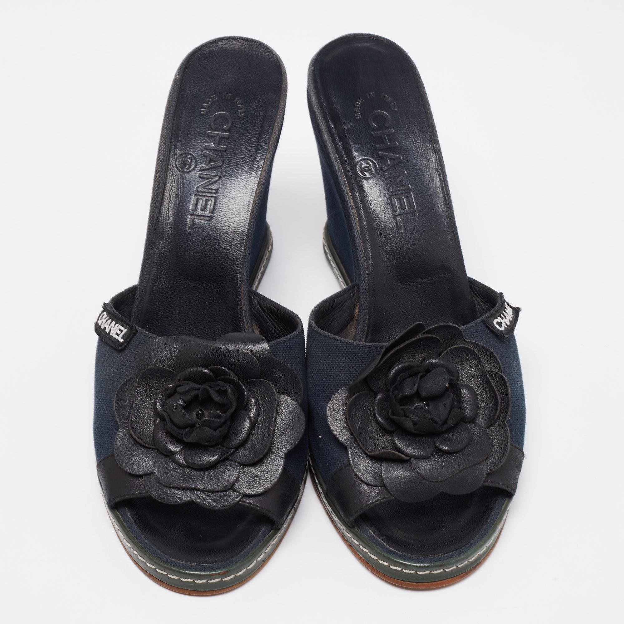 Women's Chanel Blue/Black Camellia Slide Wedge Sandals Size 40.5