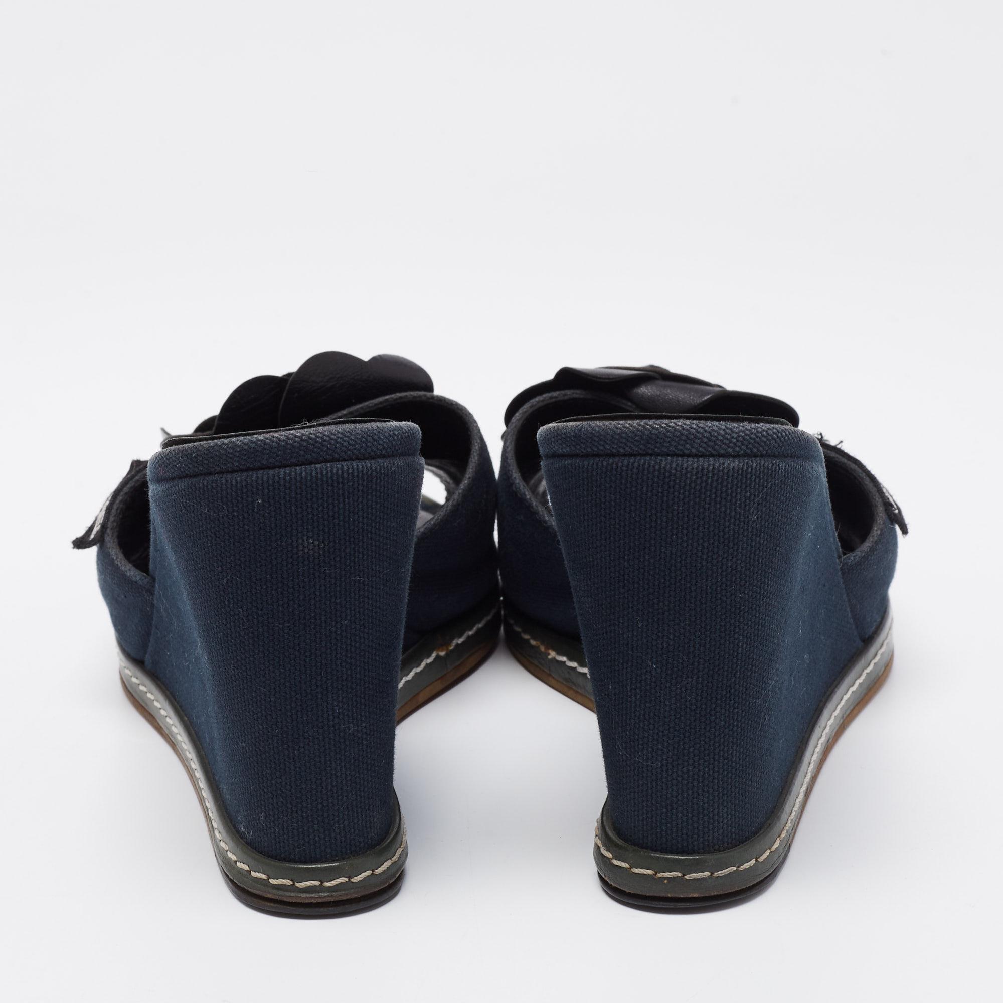Chanel Blue/Black Camellia Slide Wedge Sandals Size 40.5 1