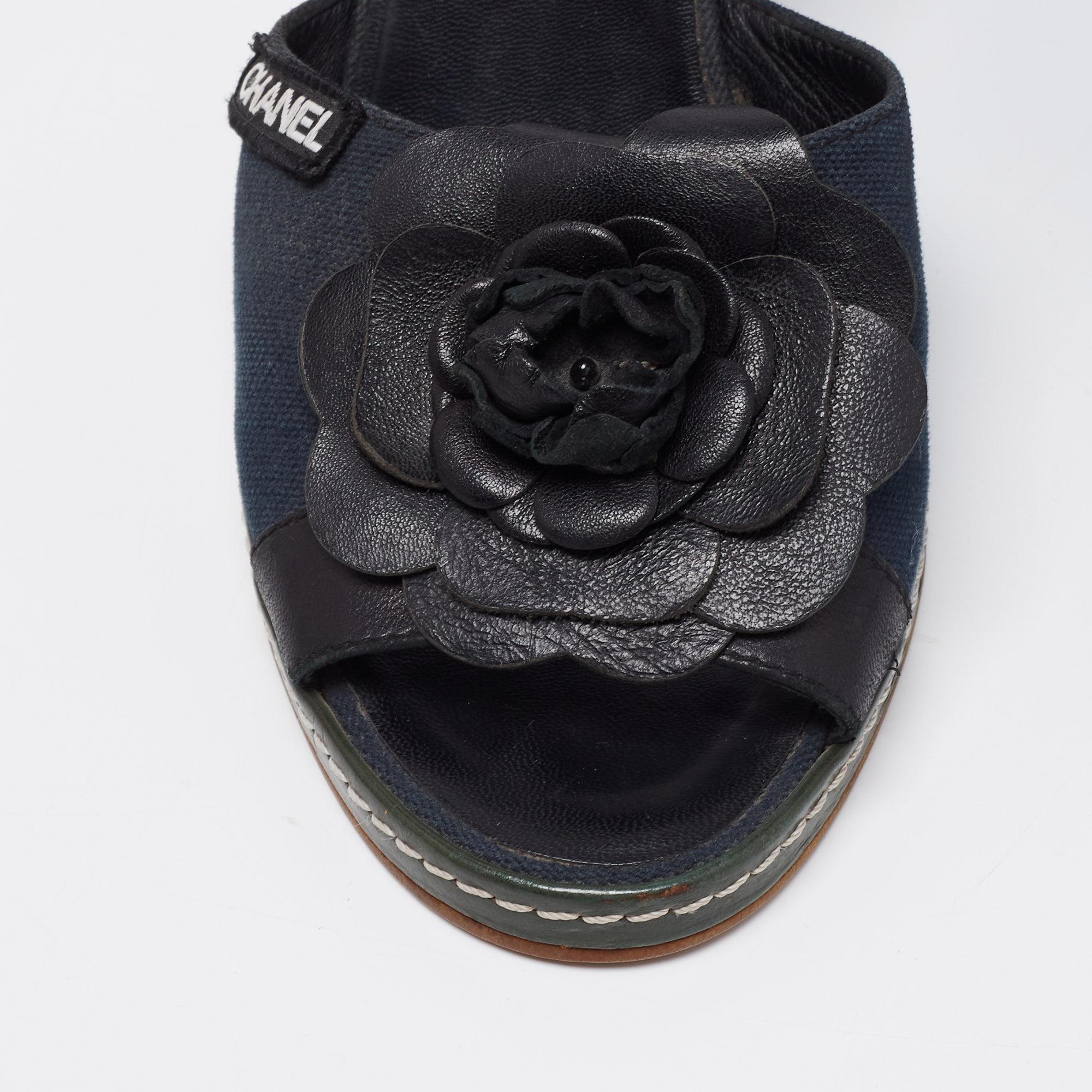 Chanel Blue/Black Camellia Slide Wedge Sandals Size 40.5 2