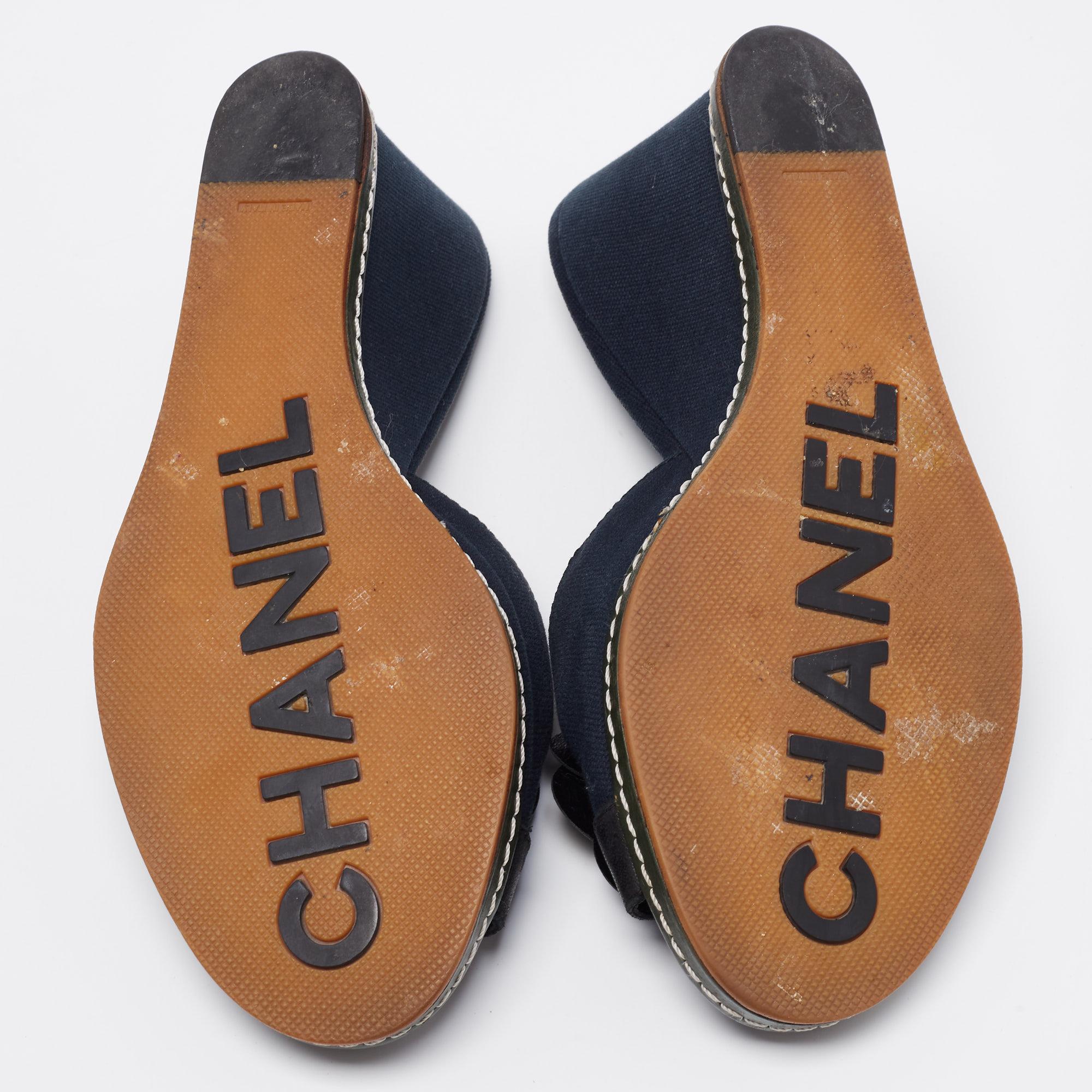 Chanel Blue/Black Camellia Slide Wedge Sandals Size 40.5 4