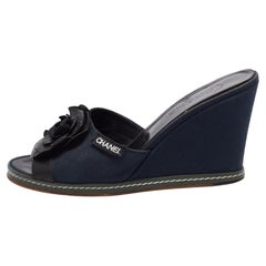 Chanel Blue/Black Camellia Slide Wedge Sandals Size 40.5