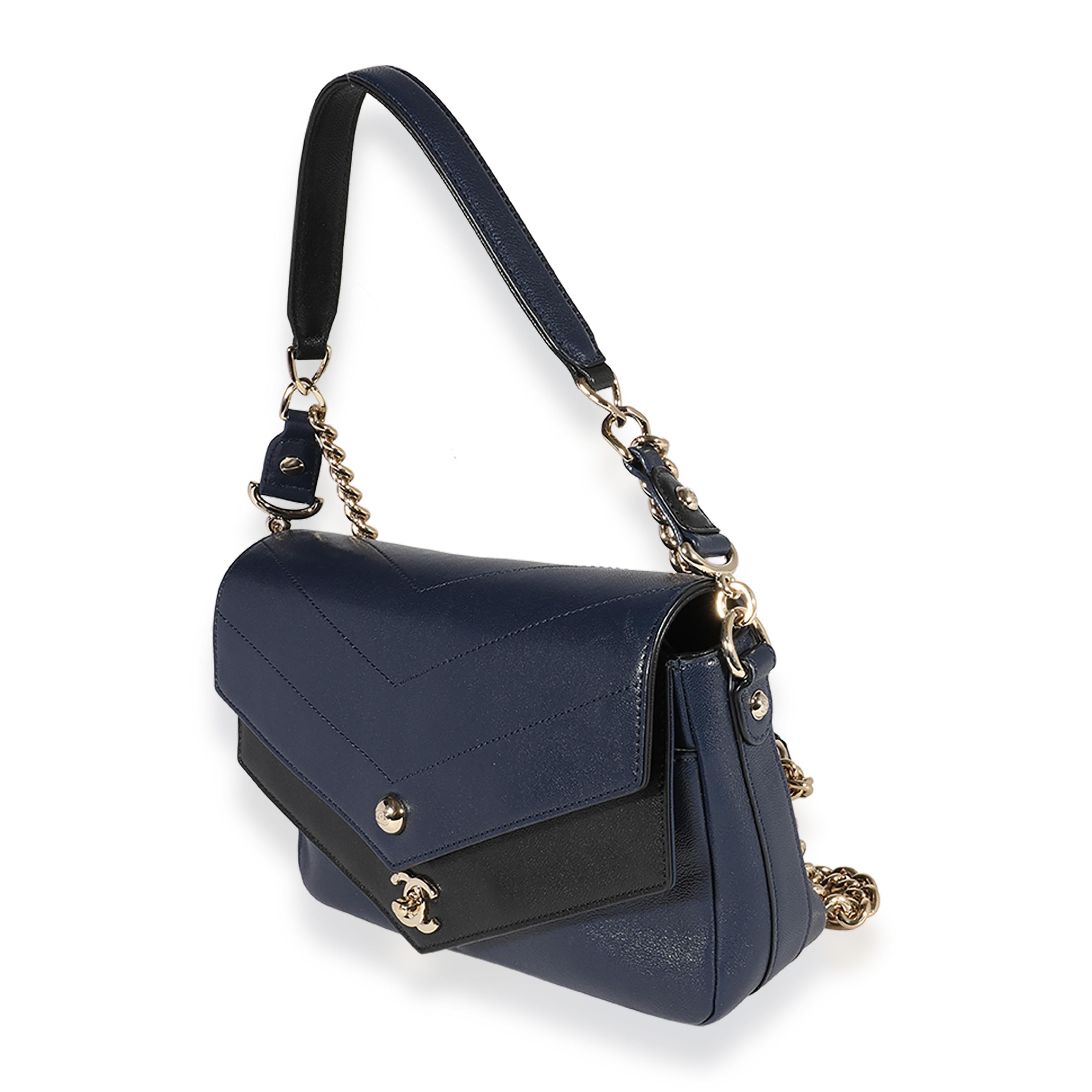 Women's Chanel Blue & Black Chevron Calfskin Double Envelope Flap Bag