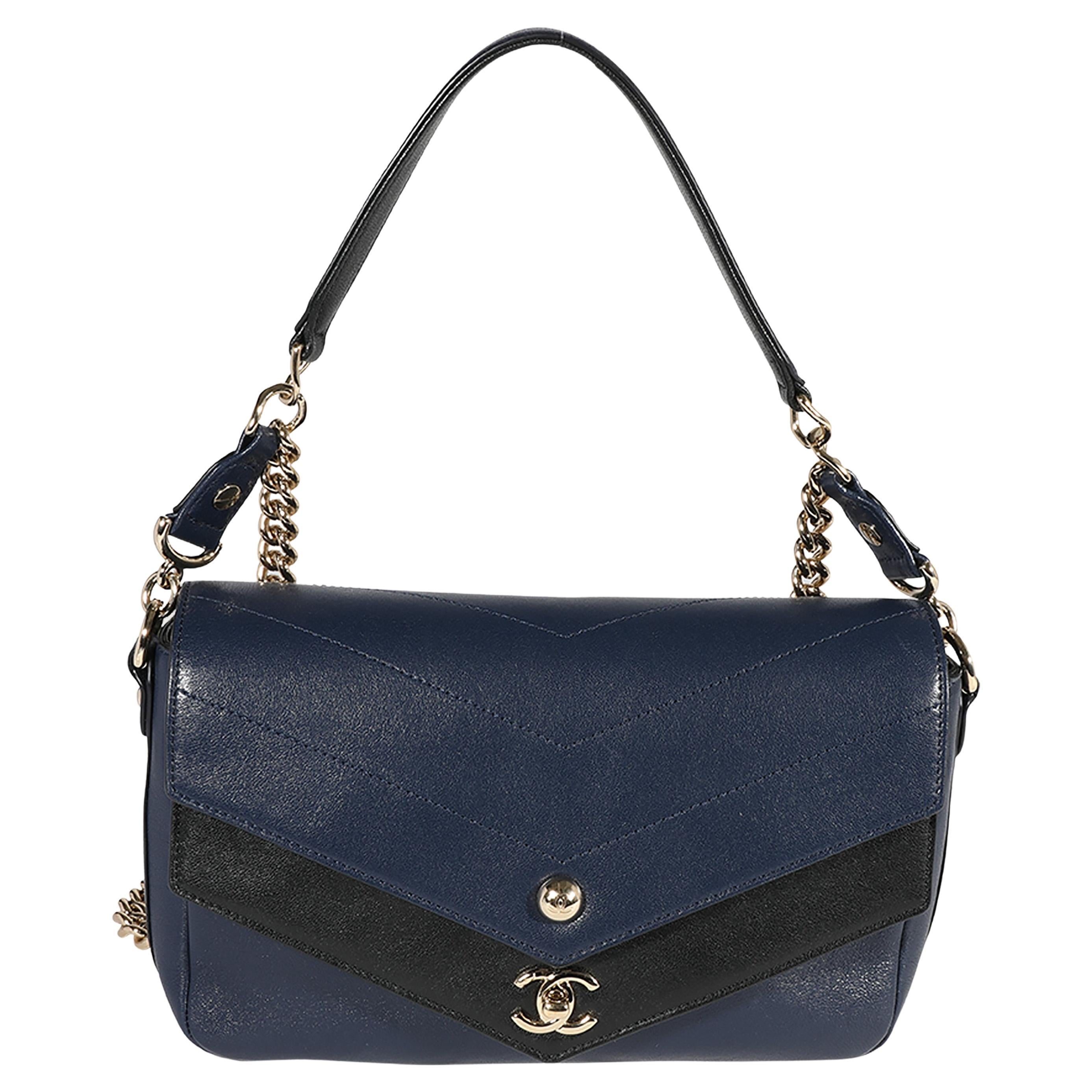 Chanel Blue & Black Chevron Calfskin Double Envelope Flap Bag