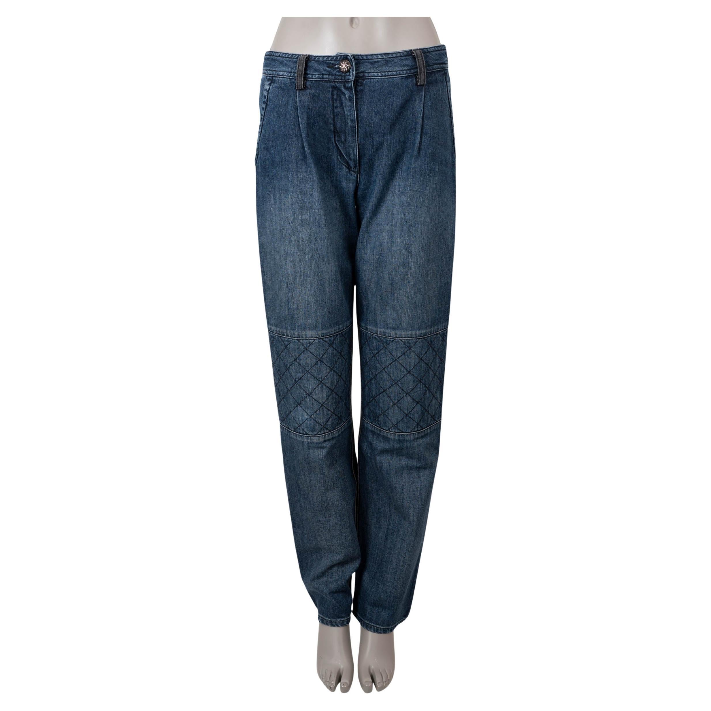CHANEL blue & black cotton 11K TWO TONE STRAIGHT JEANS Pants 38 S