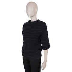 CHANEL blue & black cotton 11P CROCHET KNIT Sweater 40 M