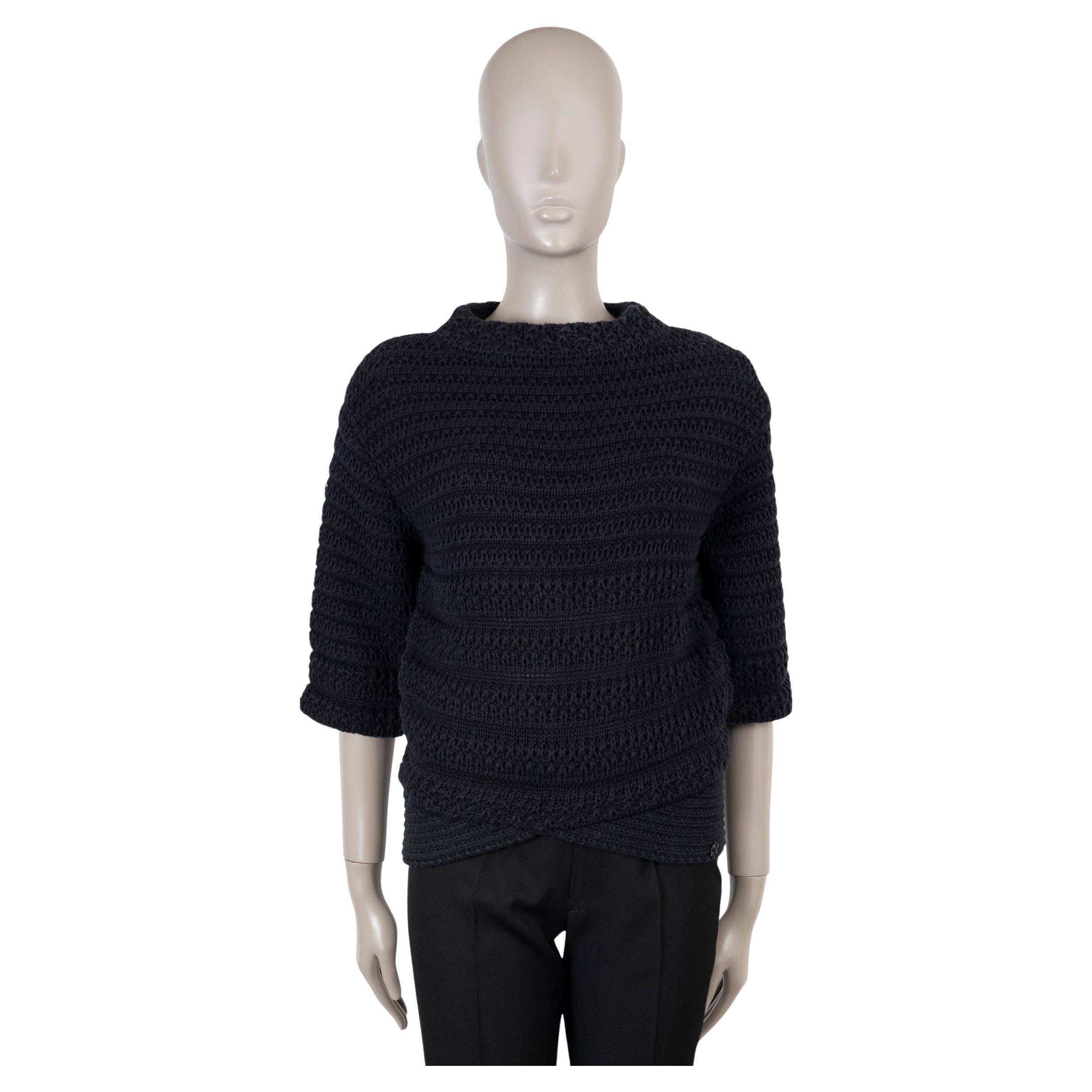 CHANEL blue & black cotton 11P CROCHET KNIT Sweater 40 M