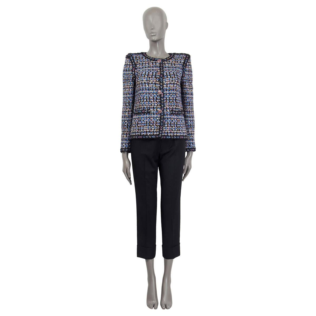 100% authentic Chanel 2016 collarless tweed jacket in blue, midnight blue, yellow, pink and white cotton (63%), nylon (27%), acrylic (4%), rayon (3%), wool (2%) and silk (1%). Features buttoned epaulettes at the shoulders and buttoned cuffs. Has