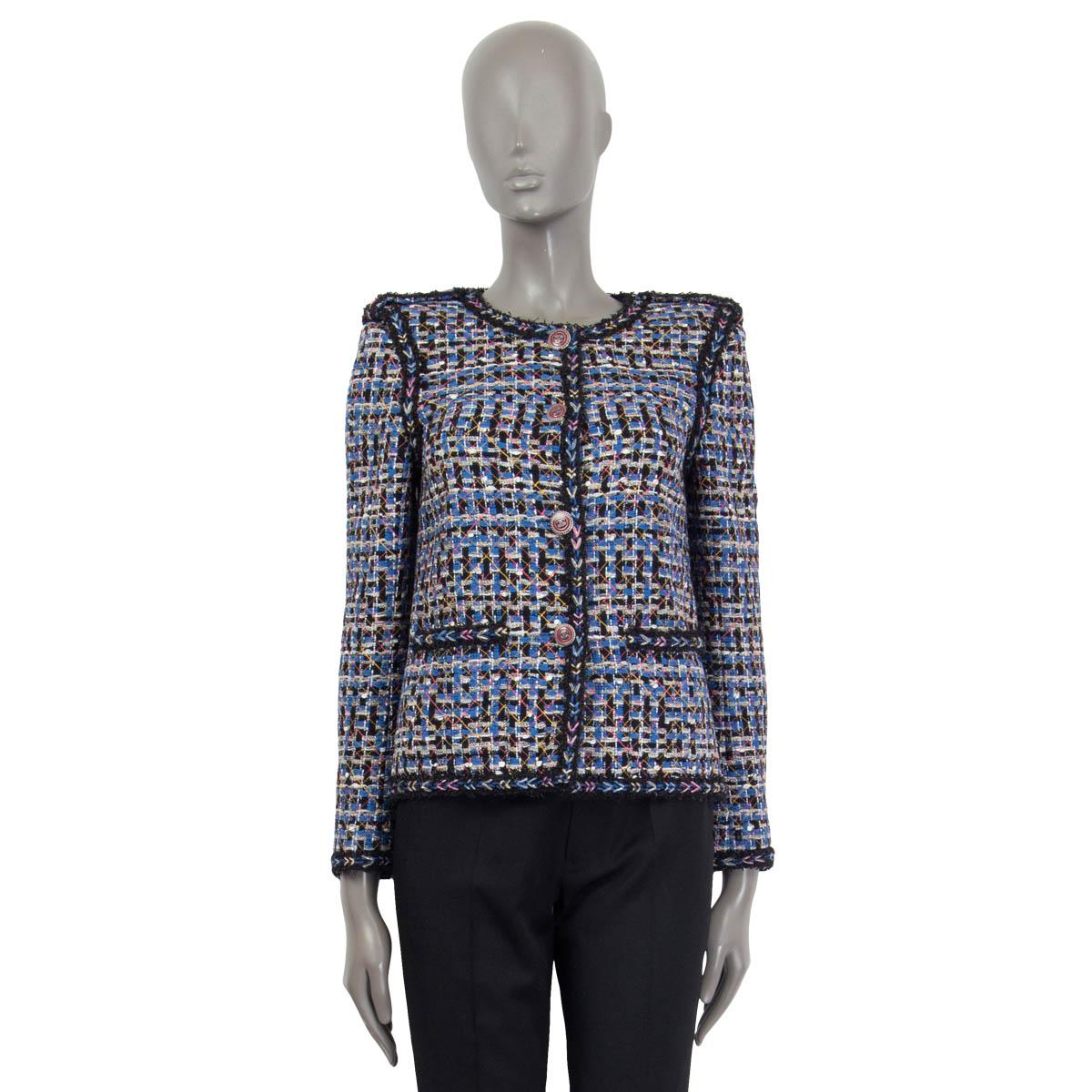 CHANEL blue & black cotton 2016 16P COLLARLESS TWEED Jacket 36 XS For Sale