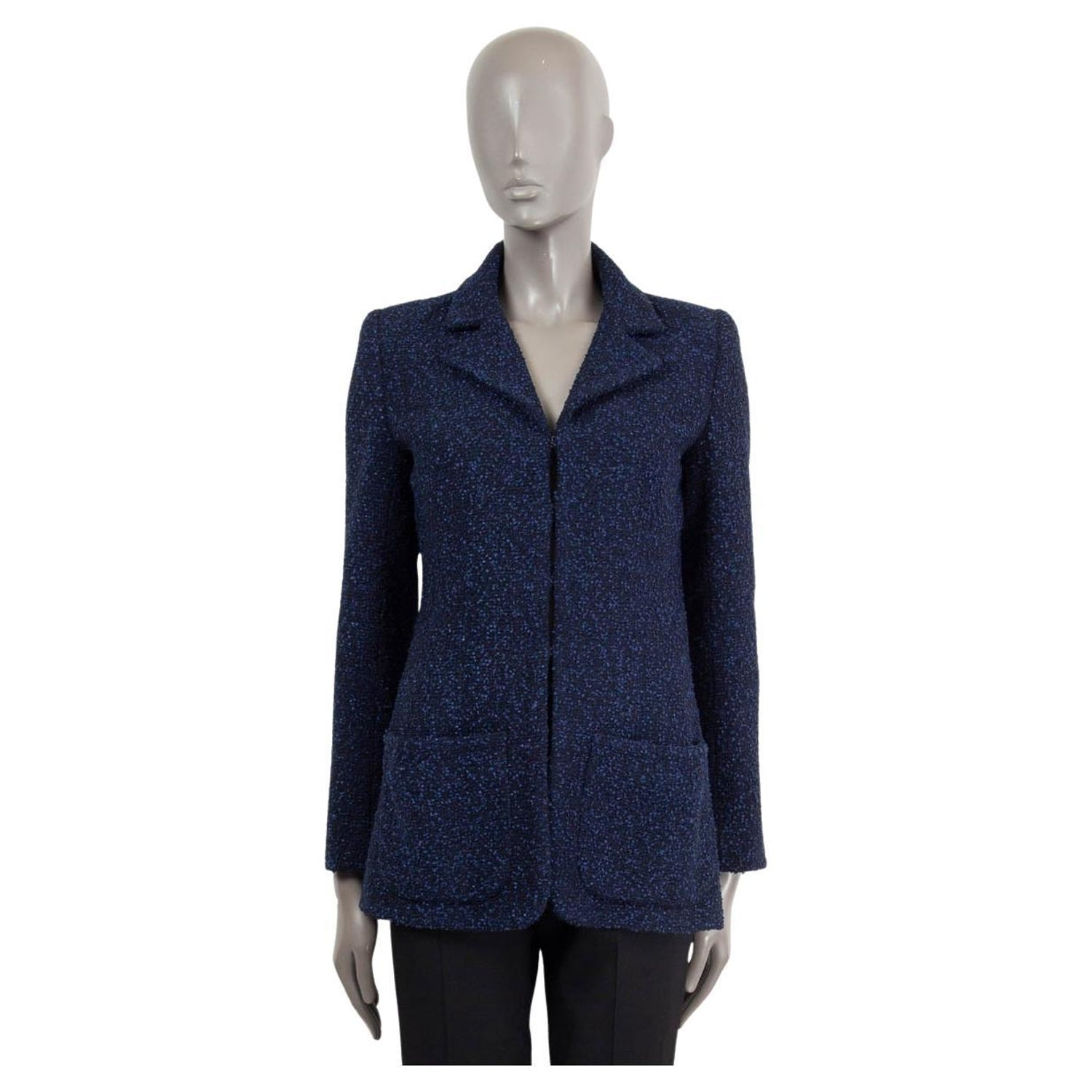 Chanel Tweed Military Collar Jacket Blue / White Cc Buttons Fr 40 / Us 8