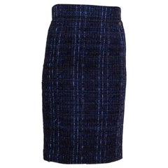 CHANEL blue & black cotton blend BOUCLE TWEED Pencil Skirt 38 S