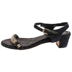 Chanel Blue/Black Cotton Knit and Lace Cain Embellished Sandals Size 35.5
