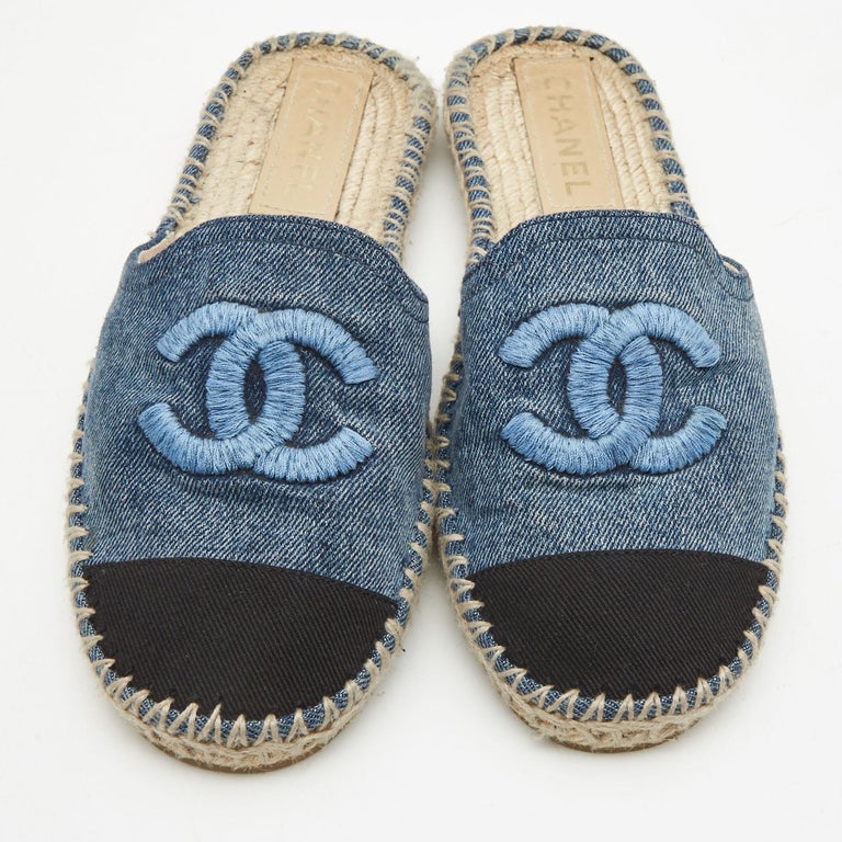 Chanel Blue/Black Denim and Canvas CC Espadrille Mules Size 37