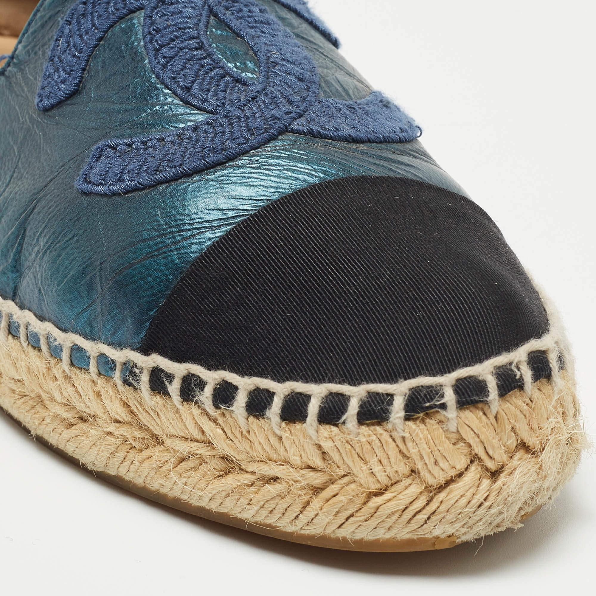 Women's Chanel Blue/Black Leather and Canvas CC Espadrille Flats