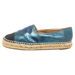 Chanel Blue/Black Leather and Canvas CC Espadrille Flats