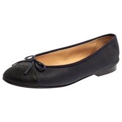 Chanel Blue/Black Leather CC Cap Toe Bow Ballet Flats Size 37.5