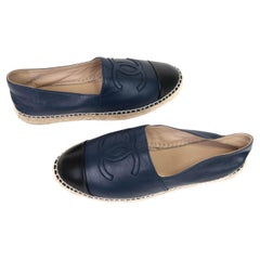Chanel Blue/Black Leather CC Cap Toe Espadrilles Flats 38