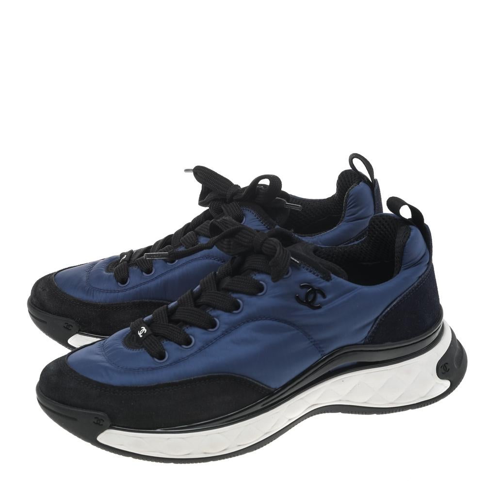 Chanel Blue Black Neoprene And Suede CC Low Top Sneakers Size 40