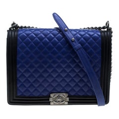 Chanel Blue/Black Quilted Leather Large Boy Flap Bag