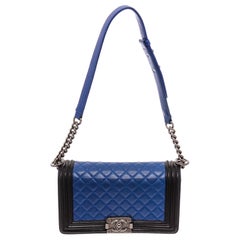 quilted chain bag Chanel Blue Black Quilted Leather Medium Boy Bag
