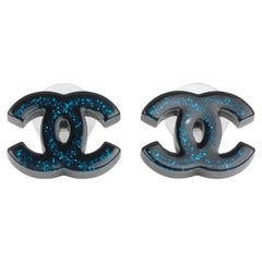 Chanel Blue & Black Resin CC Stud Earrings