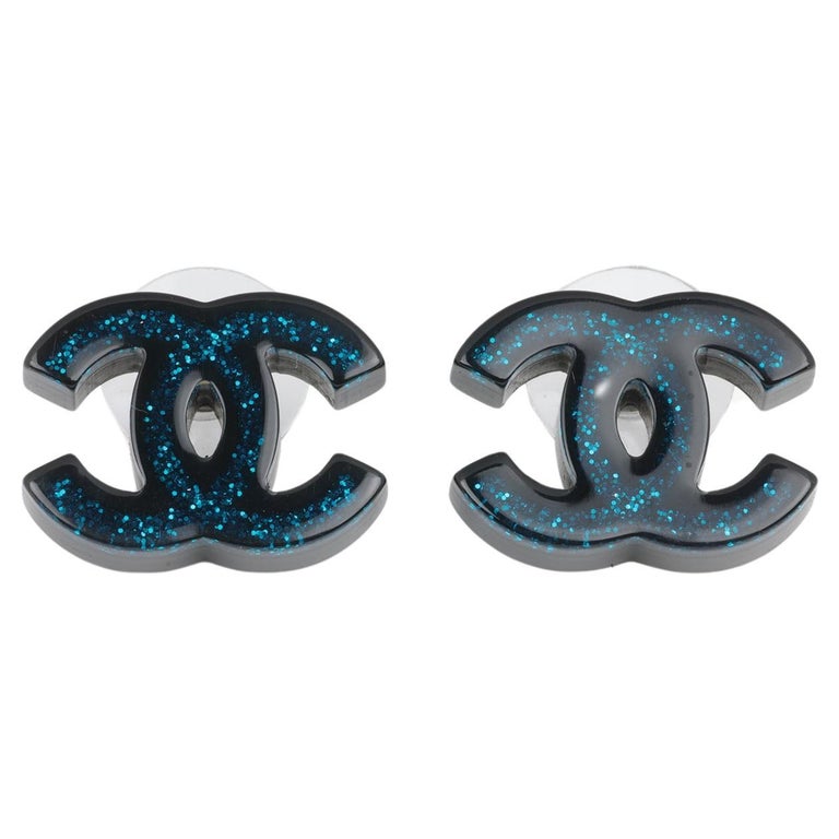 Chanel Blue and Black Resin CC Stud Earrings For Sale at 1stDibs
