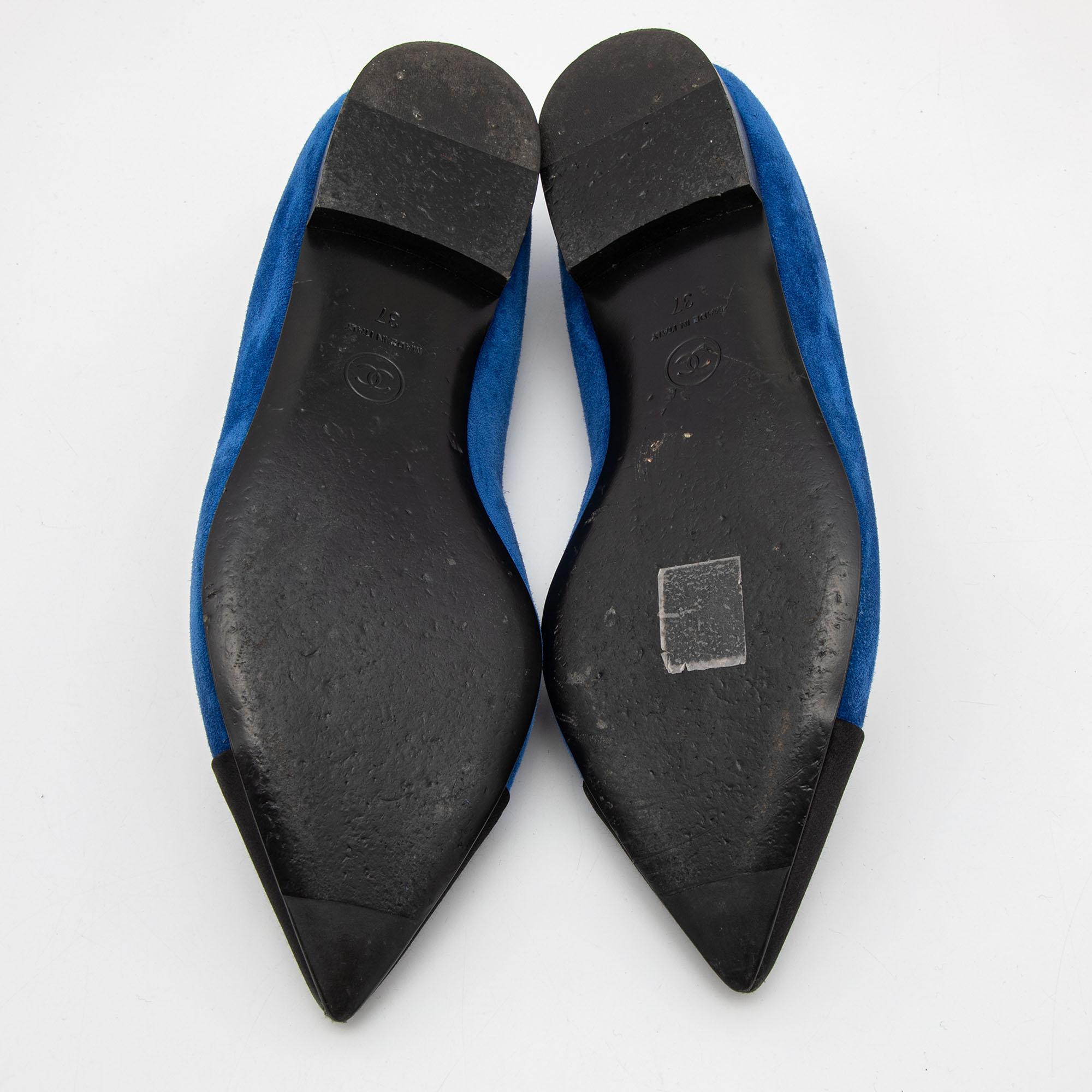 Chanel Blue/Black Satin and Suede Pointed Toe Gabrielle Ballerina Flats Size 37 1