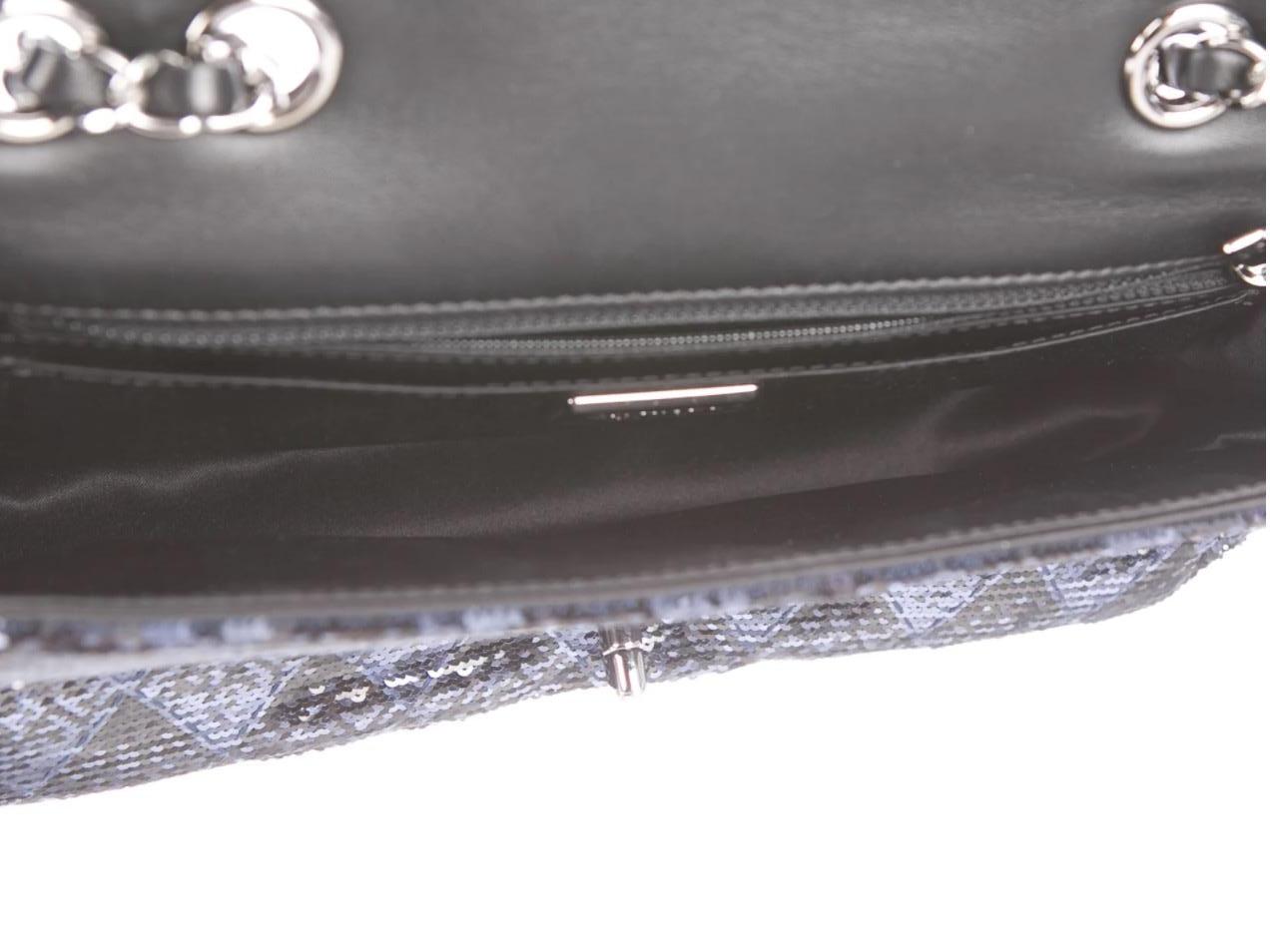 Women's Chanel Blue Black Sequin Chevron Silver Medium Evening Shoulder Flap Bag
