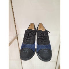 Chanel Blue Black Suede CC Block Heel Oxford Booties Sz.38