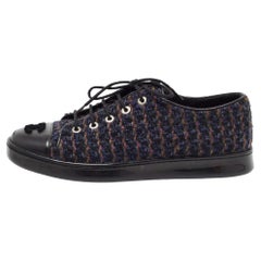 Chanel Blue/Black Tweed and Leather Cap Toe CC Low Top Sneakers Size 37.5