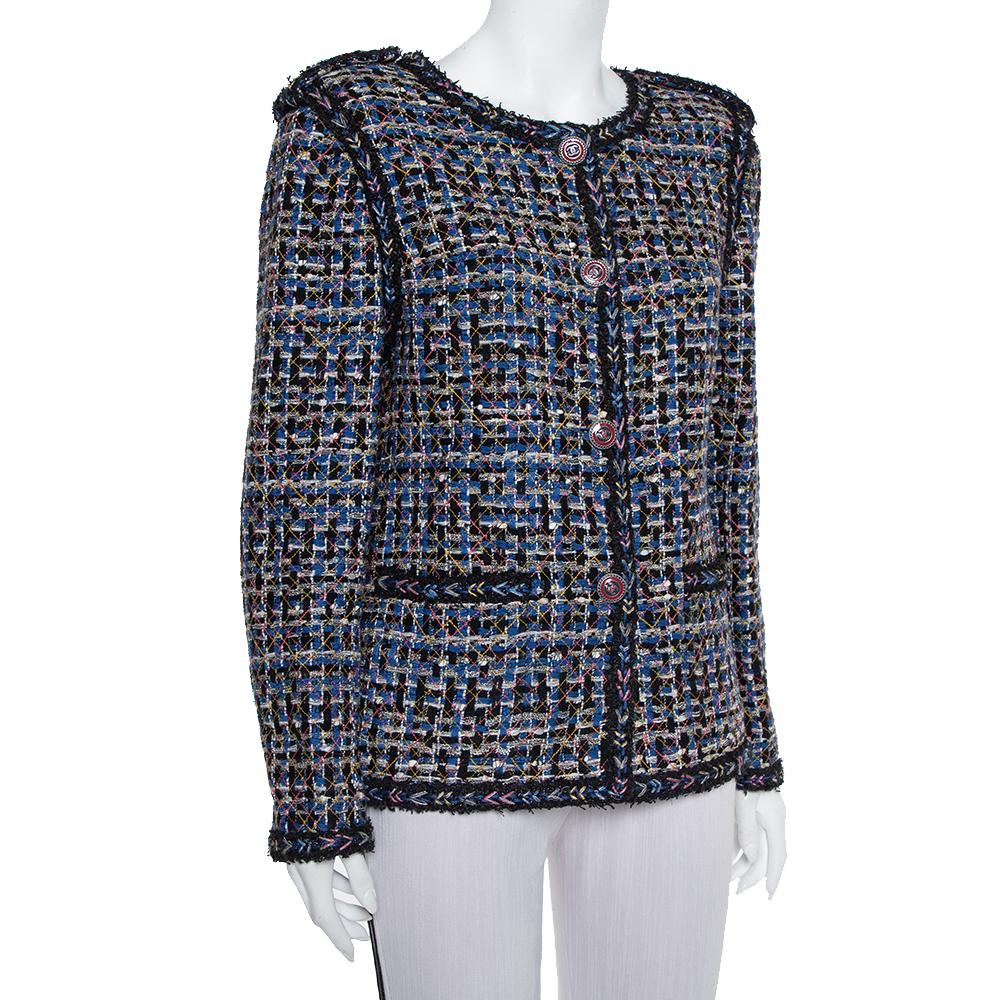 Chanel Blue & Black Tweed Button Front Jacket XL In Good Condition In Dubai, Al Qouz 2