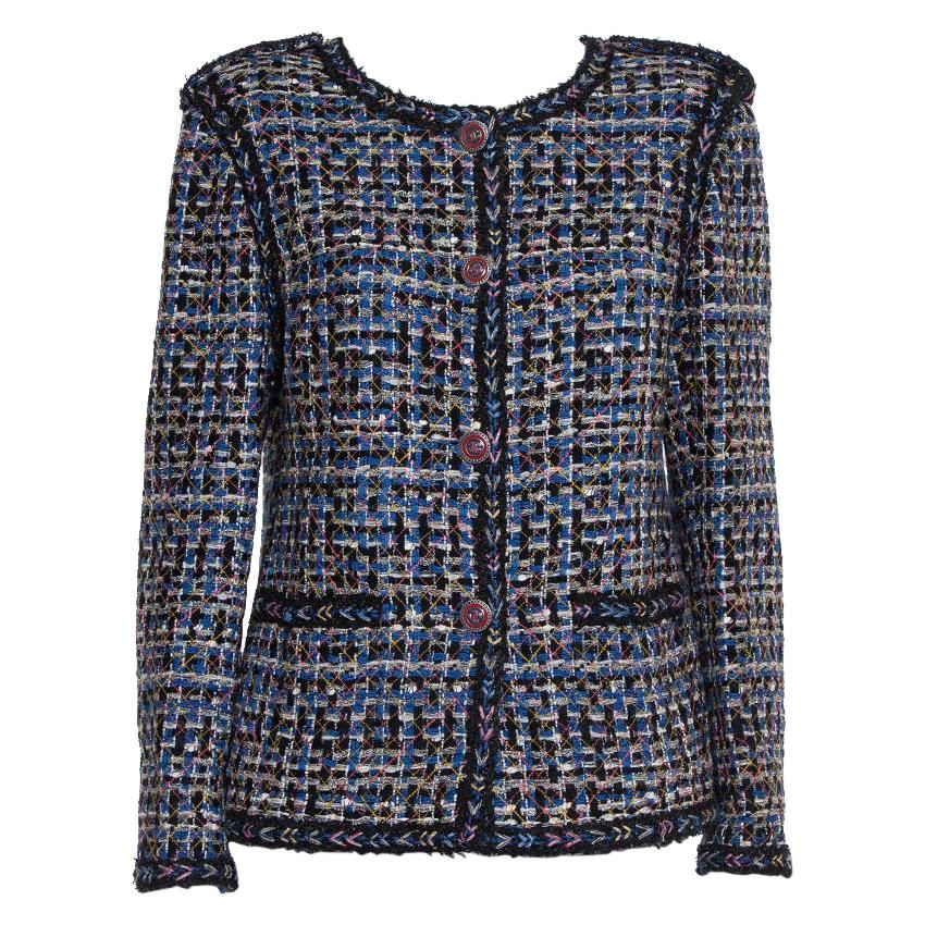 Chanel Blue & Black Tweed Button Front Jacket XL