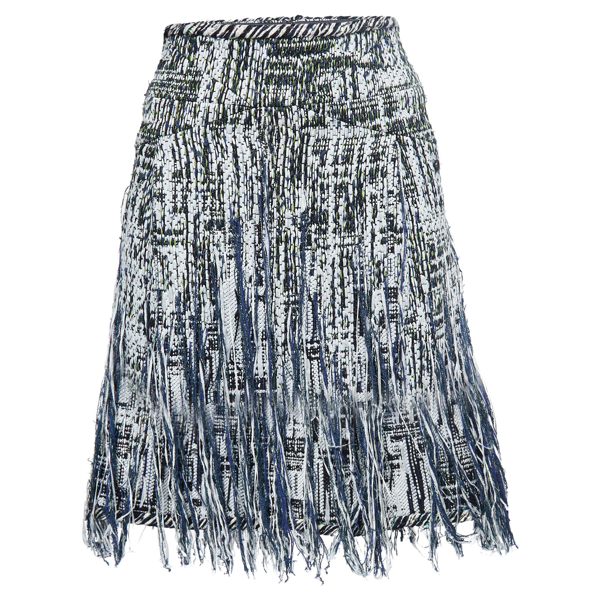 Chanel Blue/Black Tweed Fringed Skirt M For Sale