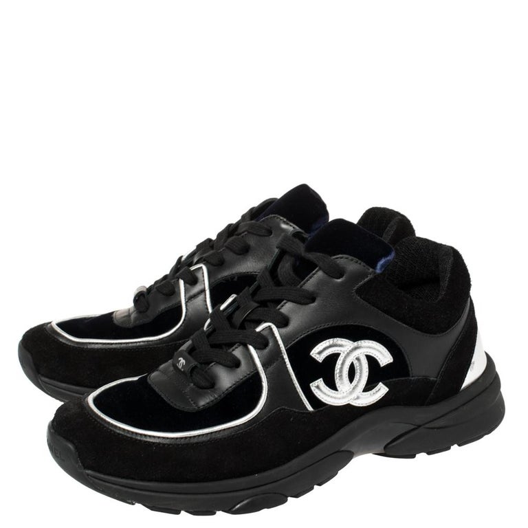 Chanel Blue/Black Velvet, Suede And Leather CC Low Top Sneakers
