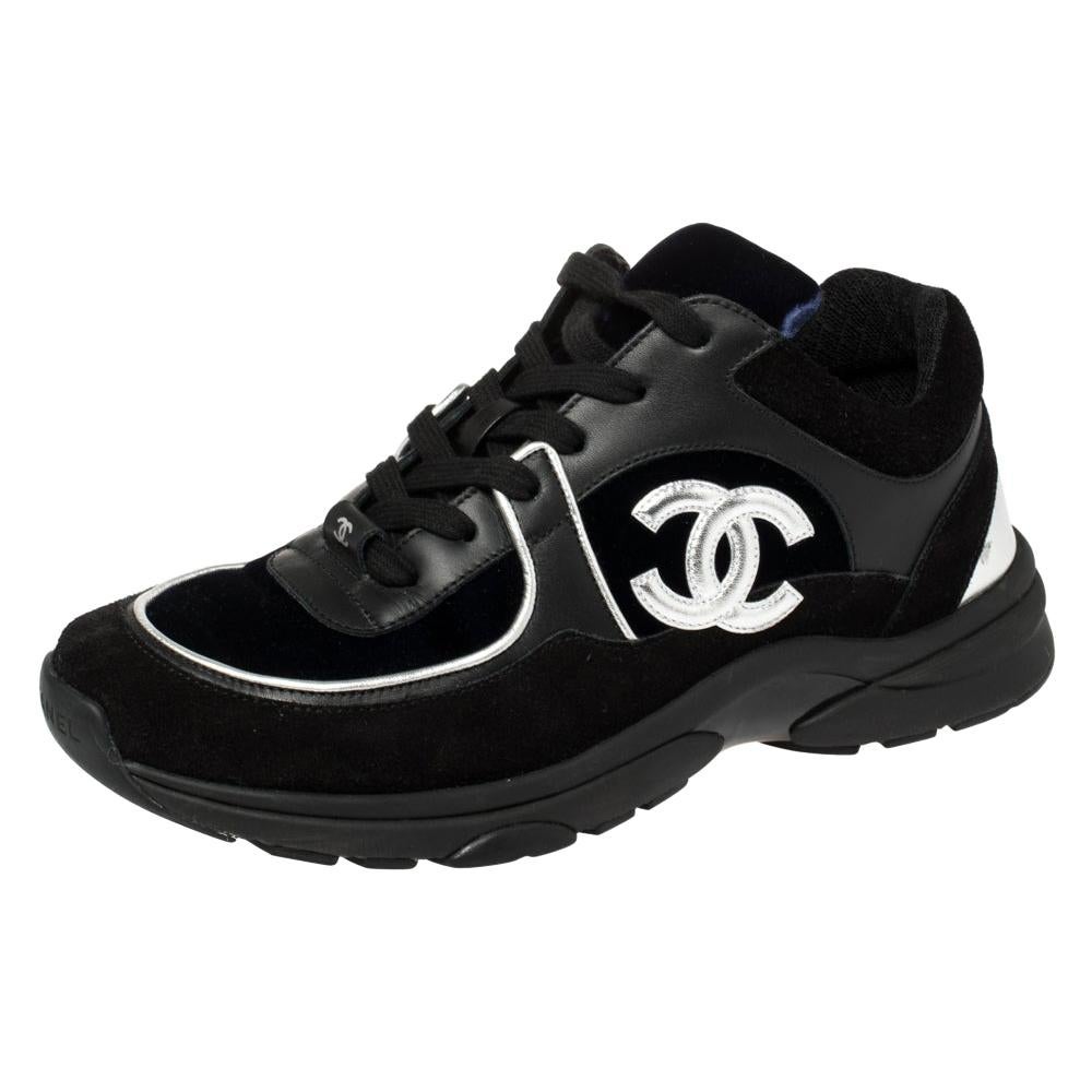 Chanel Blue/Black Velvet, Suede And Leather CC Low Top Sneakers Size 40 at  1stDibs