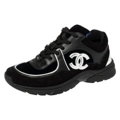 Chanel Blue/Black Velvet, Suede And Leather CC Low Top Sneakers Size 40