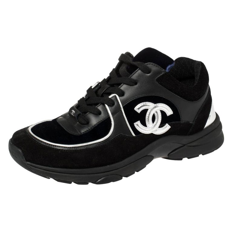 Chanel Blue/Black Velvet, Suede And Leather CC Low Top Sneakers Size 40 ...
