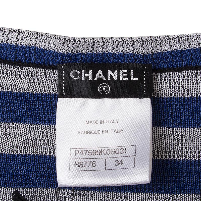 CHANEL Blau-schwarz-weiß gestreifter Pullover aus Baumwollmischung mit 3/4-Ärmeln 34 XXS Damen im Angebot