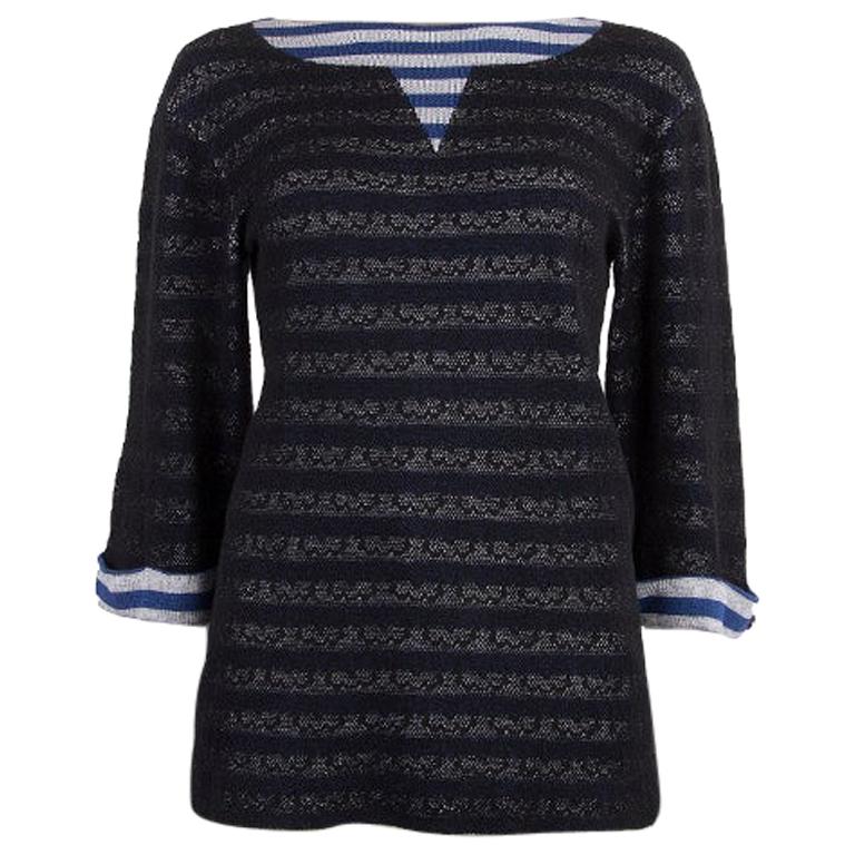 CHANEL blue black & white striped cotton blend 3/4 Sleeve Sweater 34 XXS For Sale