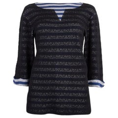 CHANEL blue black & white striped cotton blend 3/4 Sleeve Sweater 34 XXS